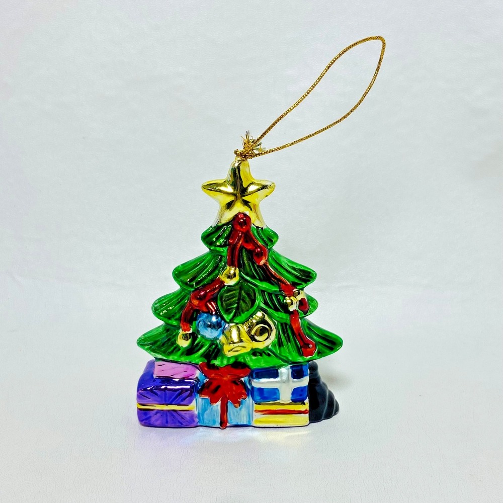 Ceramic Metallic Hand Painted Christmas Tree Presents 3.25" Holiday Ribbon Bells